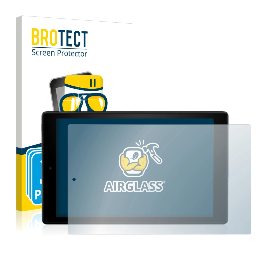 Front side of a product packaging with the brand logo BROTECT. Next to it is the device Amazon Fire HD 10 2017 (7th Gen.) show