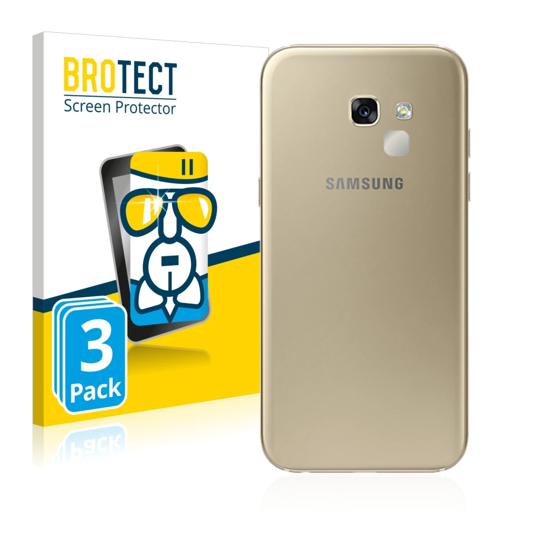 Front side of a product packaging with the brand logo BROTECT. Next to it is the device Samsung Galaxy A5 2017 (ONLY Camera Le