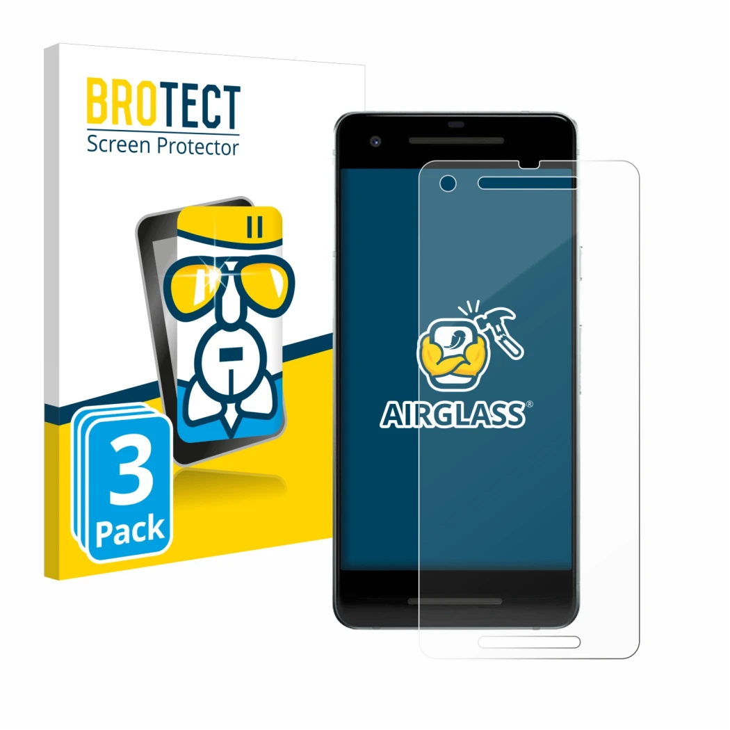 Front side of a product packaging with the brand logo BROTECT. Next to it is the device Google Pixel 2 shown with the correspo