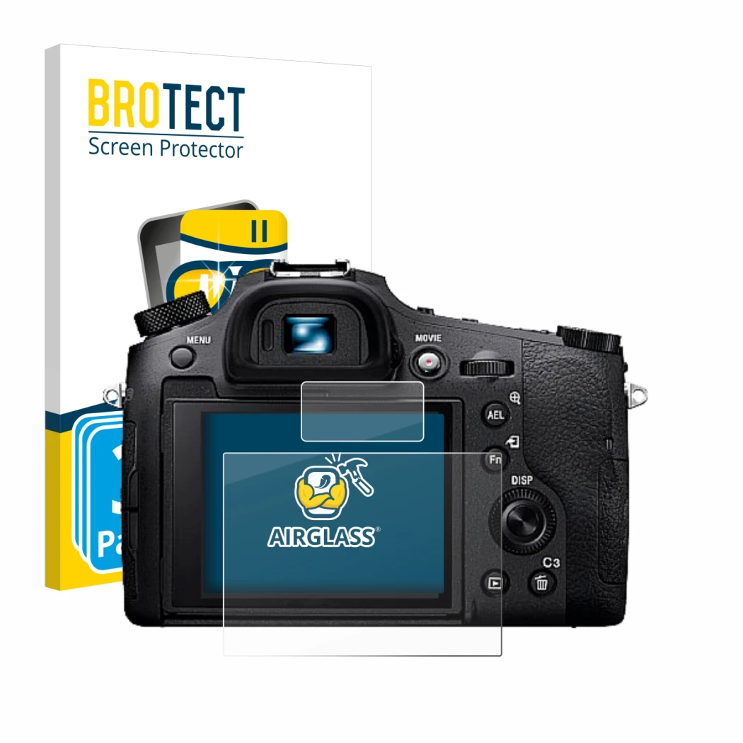 Front side of a product packaging with the brand logo BROTECT. Next to it is the device Sony Cyber-Shot DSC-RX10 IV shown with