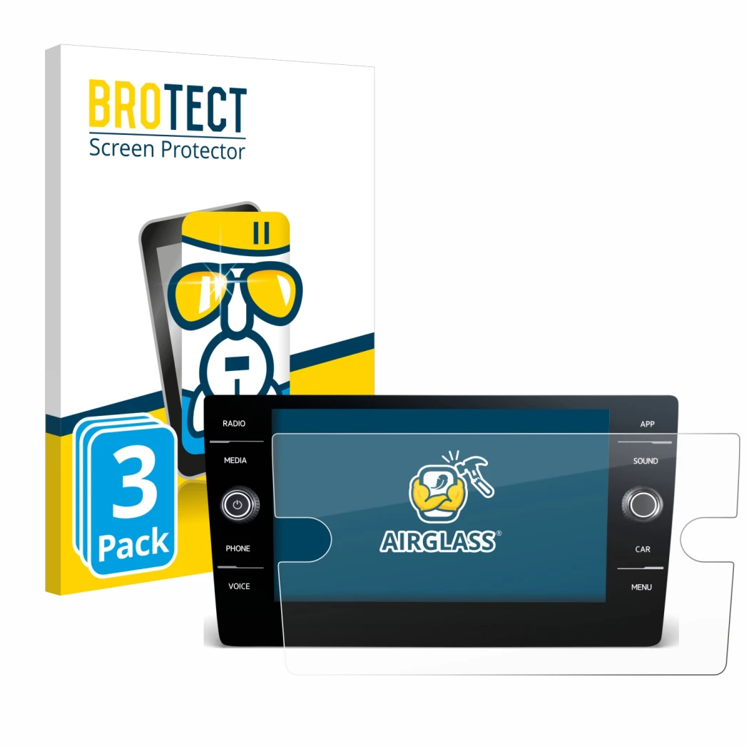 Front side of a product packaging with the brand logo BROTECT. Next to it is the device Volkswagen T-Roc 2017-2019 Discover Me