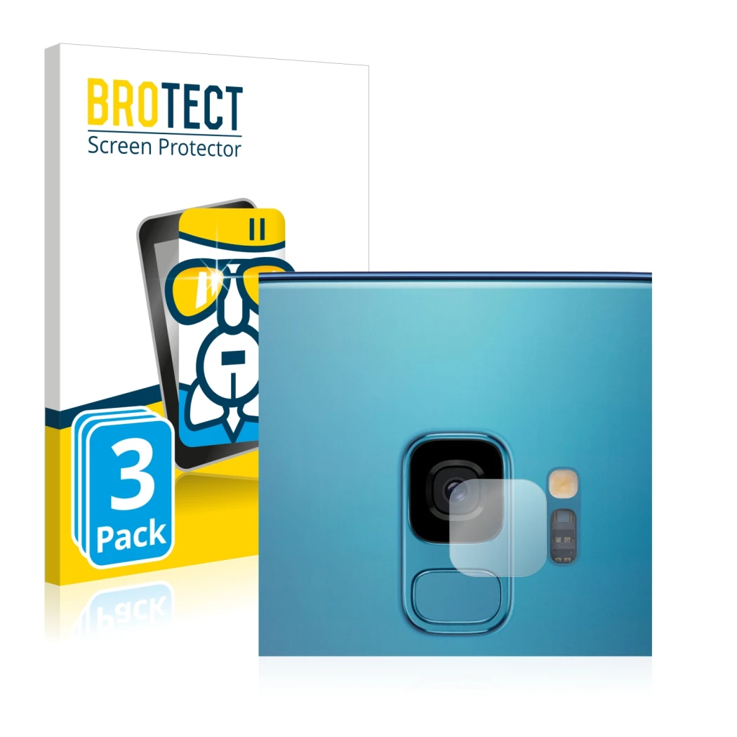 Front side of a product packaging with the brand logo BROTECT. Next to it is the device Samsung Galaxy S9 (ONLY Camera Lens) s