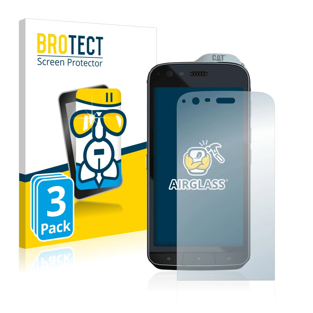 Front side of a product packaging with the brand logo BROTECT. Next to it is the device Caterpillar Cat S61 shown with the cor