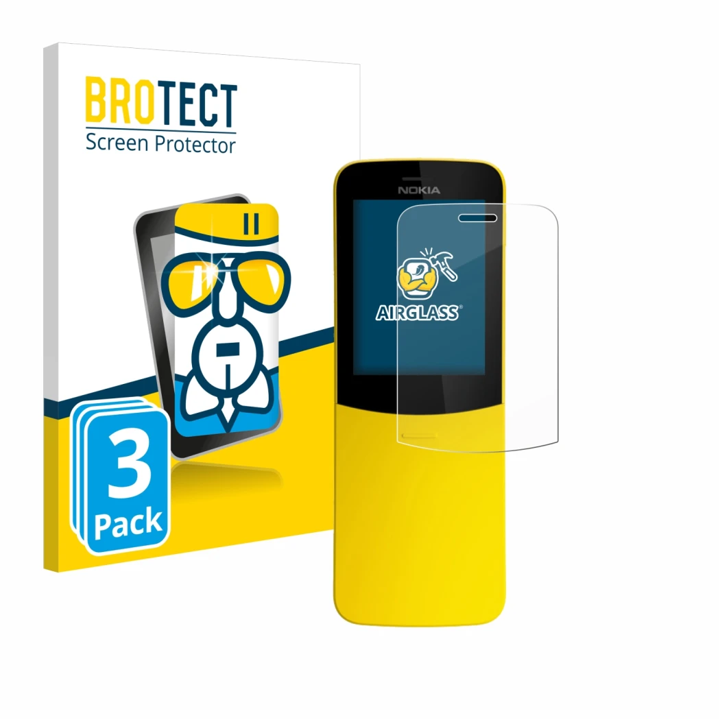 Front side of a product packaging with the brand logo BROTECT. Next to it is the device Nokia 8110 shown with the correspondin