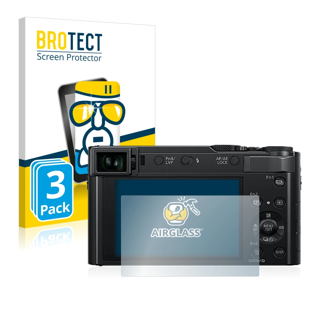 Front side of a product packaging with the brand logo BROTECT. Next to it is the device Panasonic Lumix DC-TZ202 shown with th