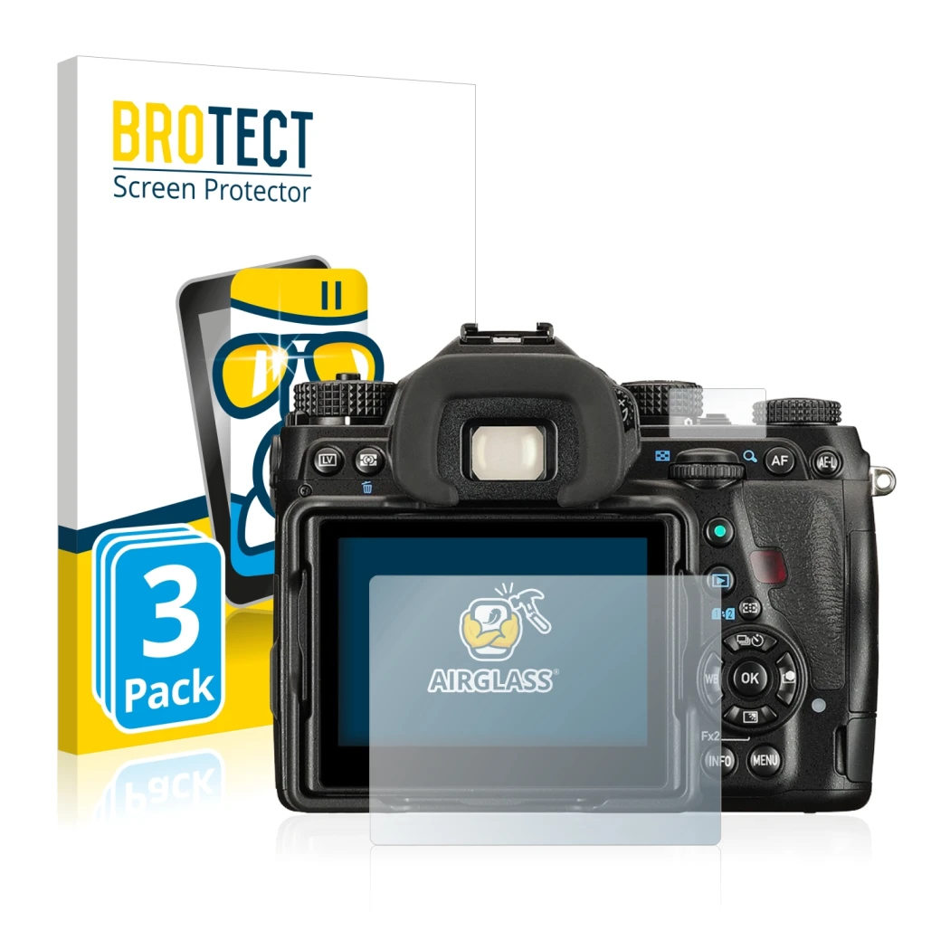 Front side of a product packaging with the brand logo BROTECT. Next to it is the device Pentax K-1 Mark II shown with the corr