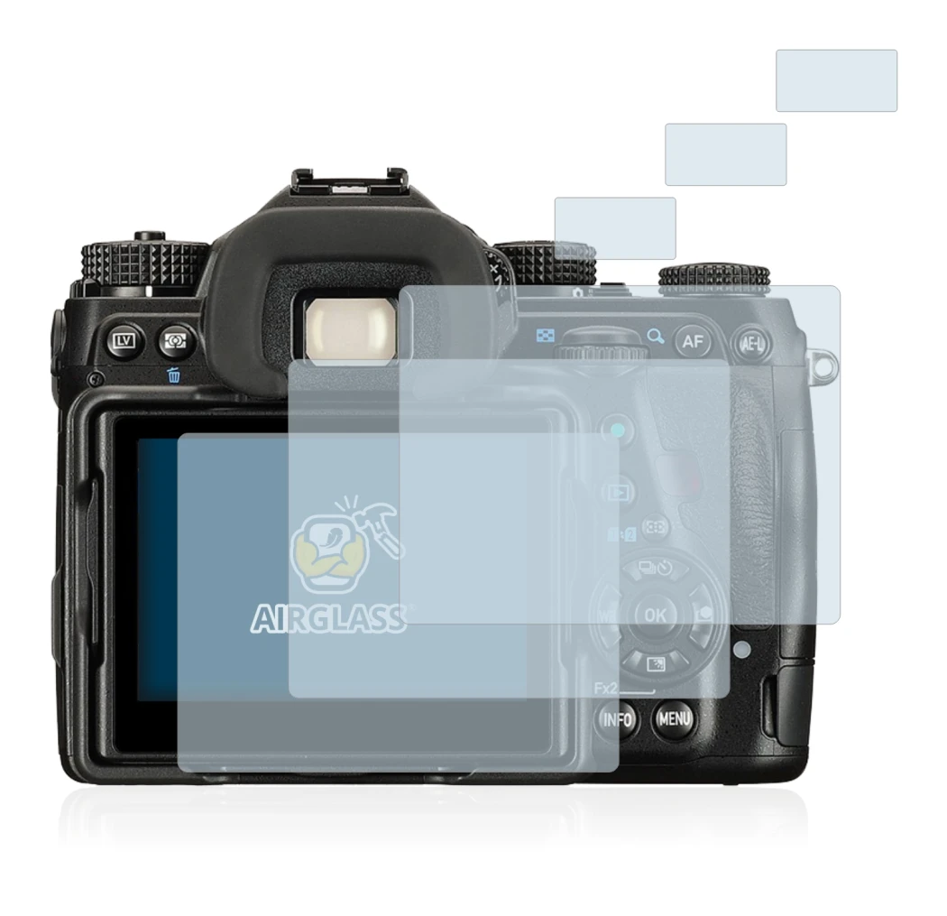 Image of the device Pentax K-1 Mark II with a wide variety of screen protectors.