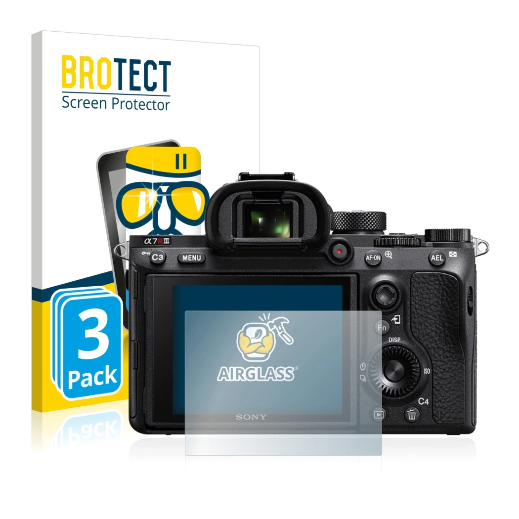 Front side of a product packaging with the brand logo BROTECT. Next to it is the device Sony Alpha 7R III shown with the corre