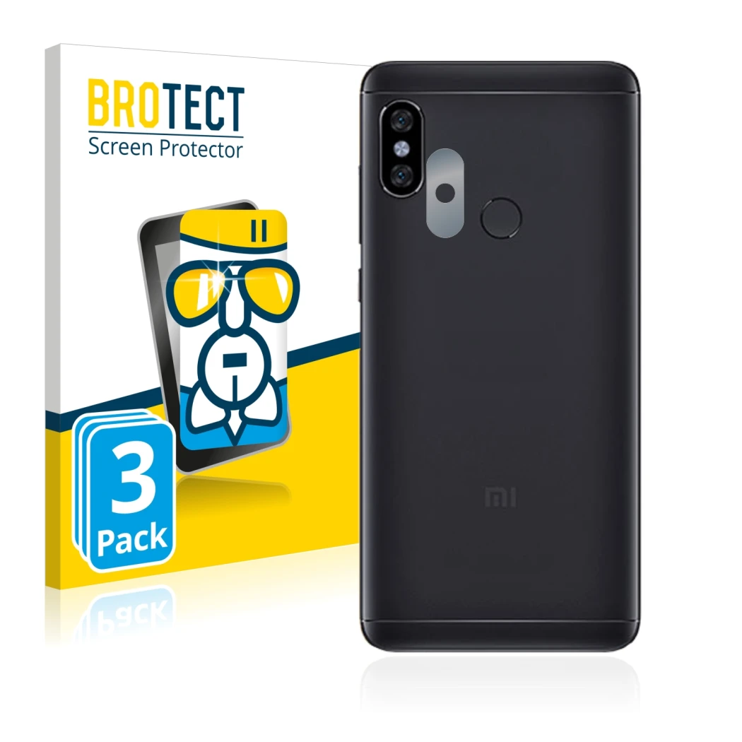 Front side of a product packaging with the brand logo BROTECT. Next to it is the device Xiaomi Redmi Note 5 (ONLY Camera Lens)