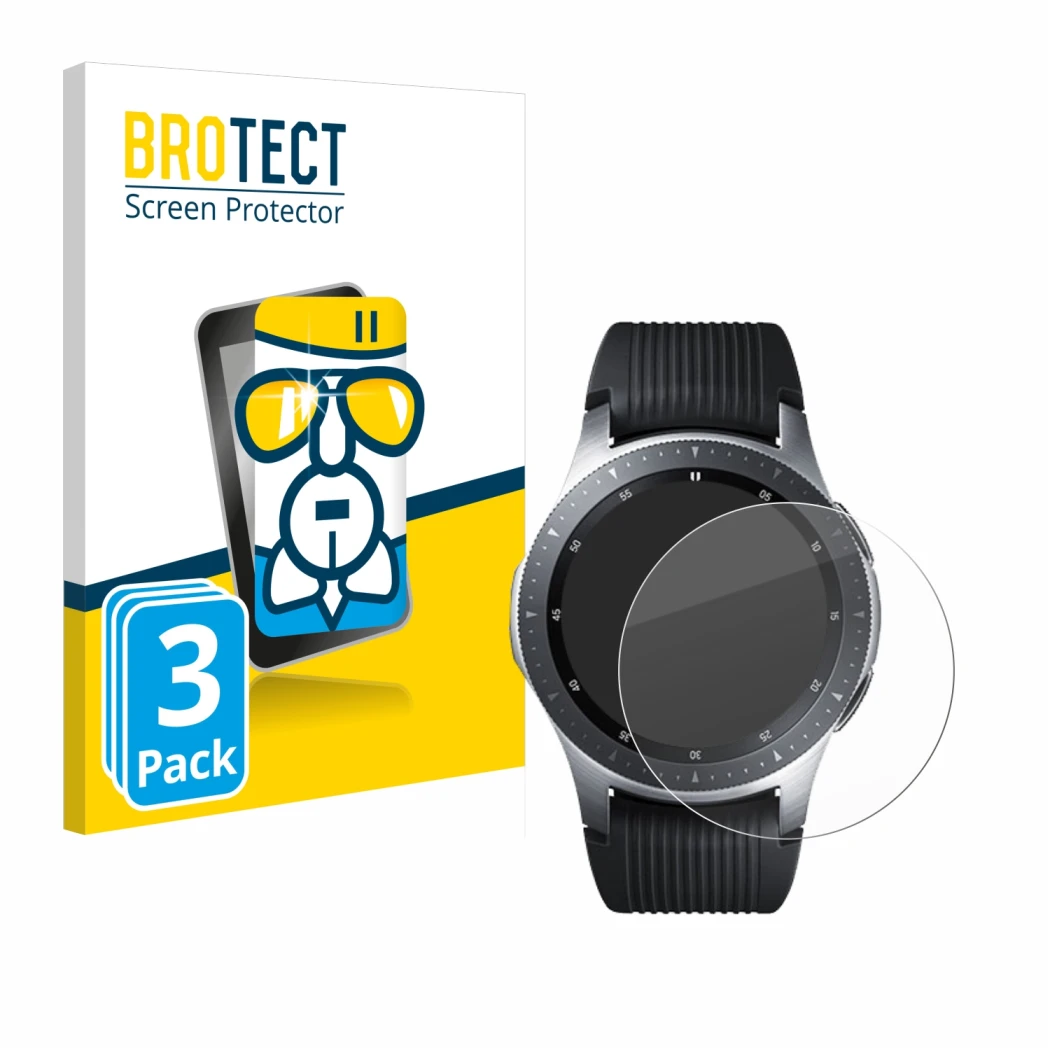 Front side of a product packaging with the brand logo BROTECT. Next to it is the device Samsung Galaxy Watch (46 mm) shown wit