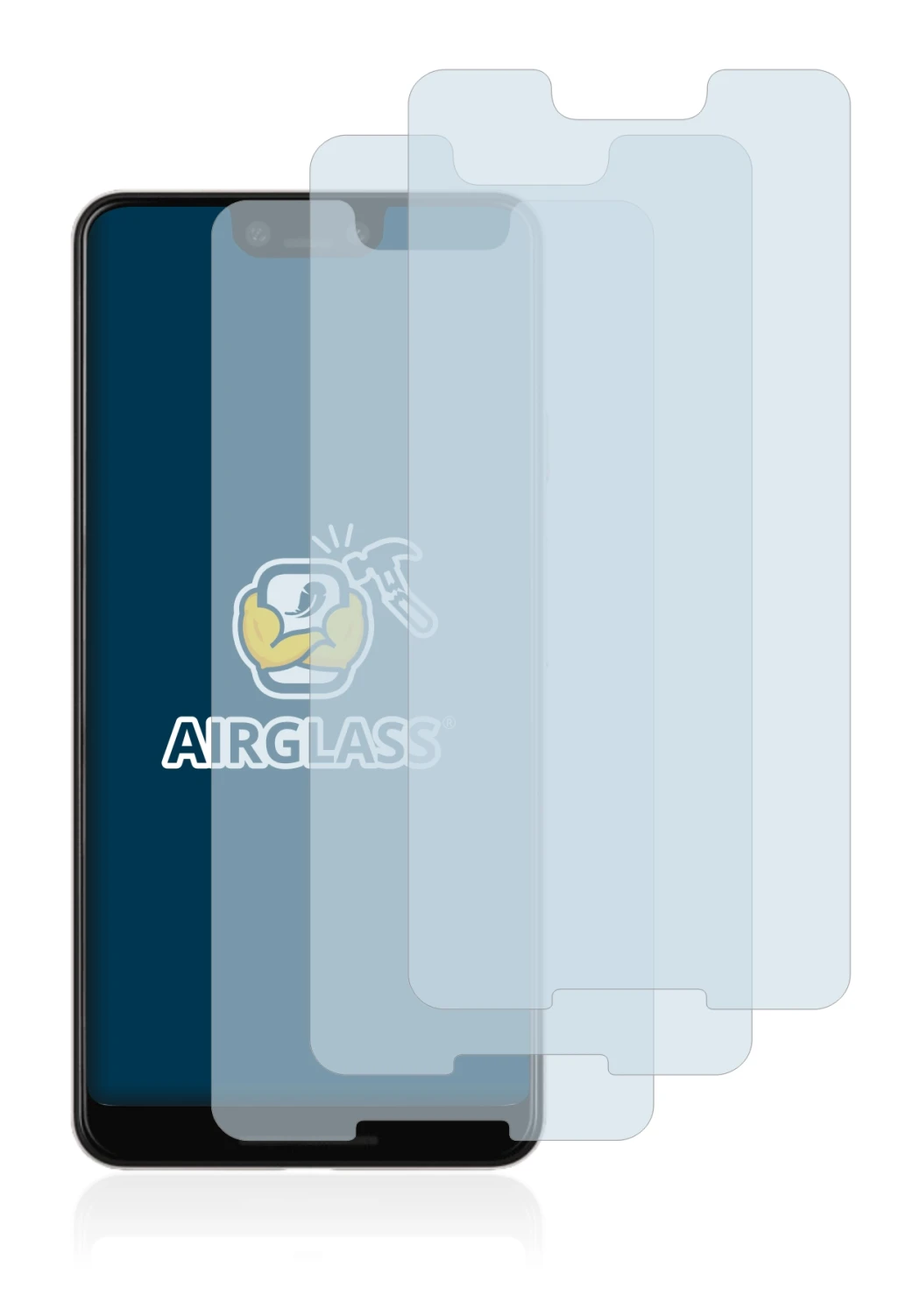 Image of the device Google Pixel 3 XL with a wide variety of screen protectors.
