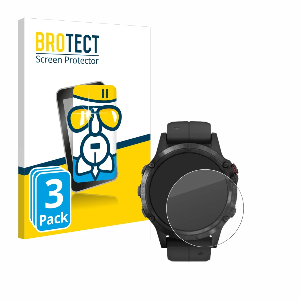 Front side of a product packaging with the brand logo BROTECT. Next to it is the device Garmin Fenix 5 Plus (47 mm) shown with