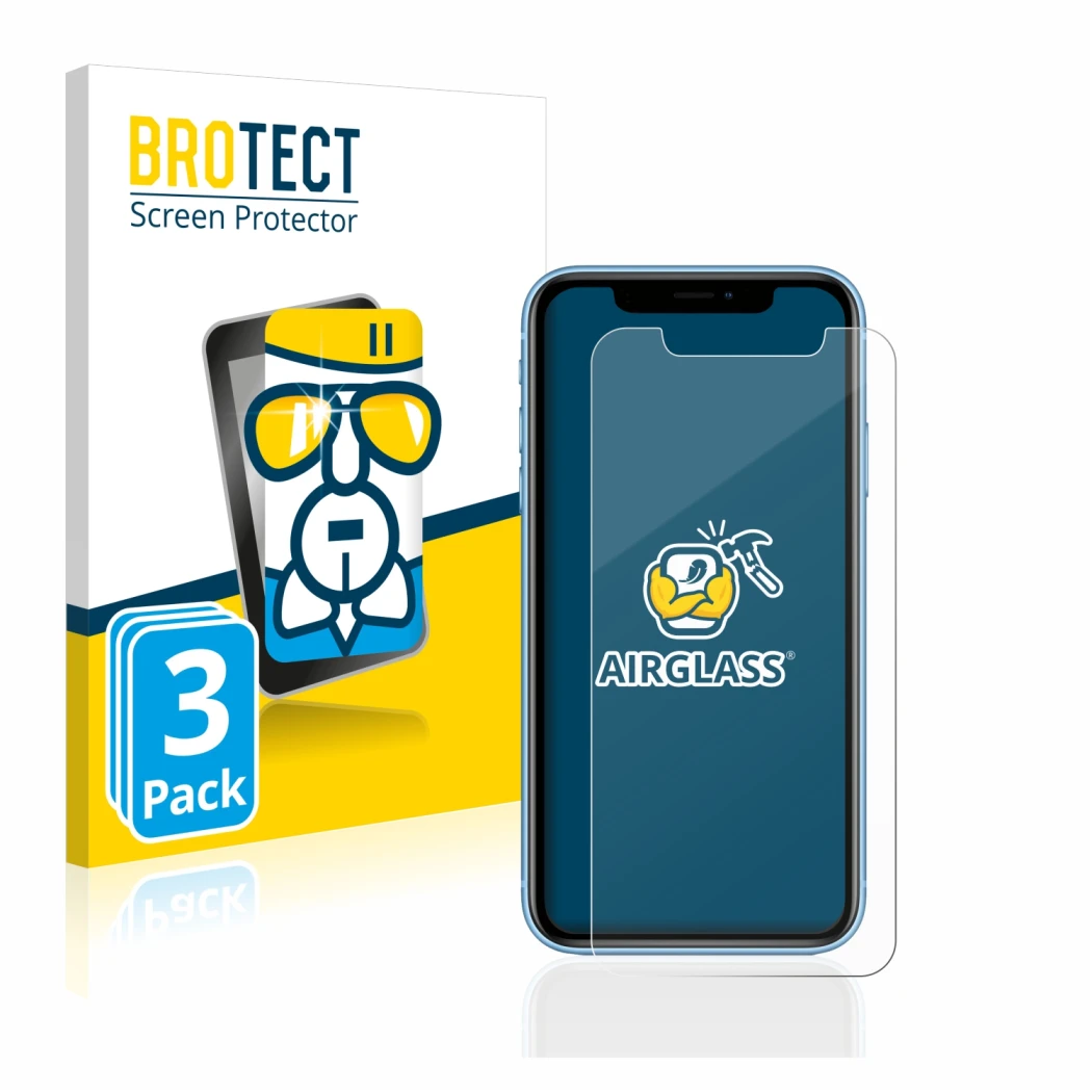 Front side of a product packaging with the brand logo BROTECT. Next to it is the device Apple iPhone XR shown with the corresp