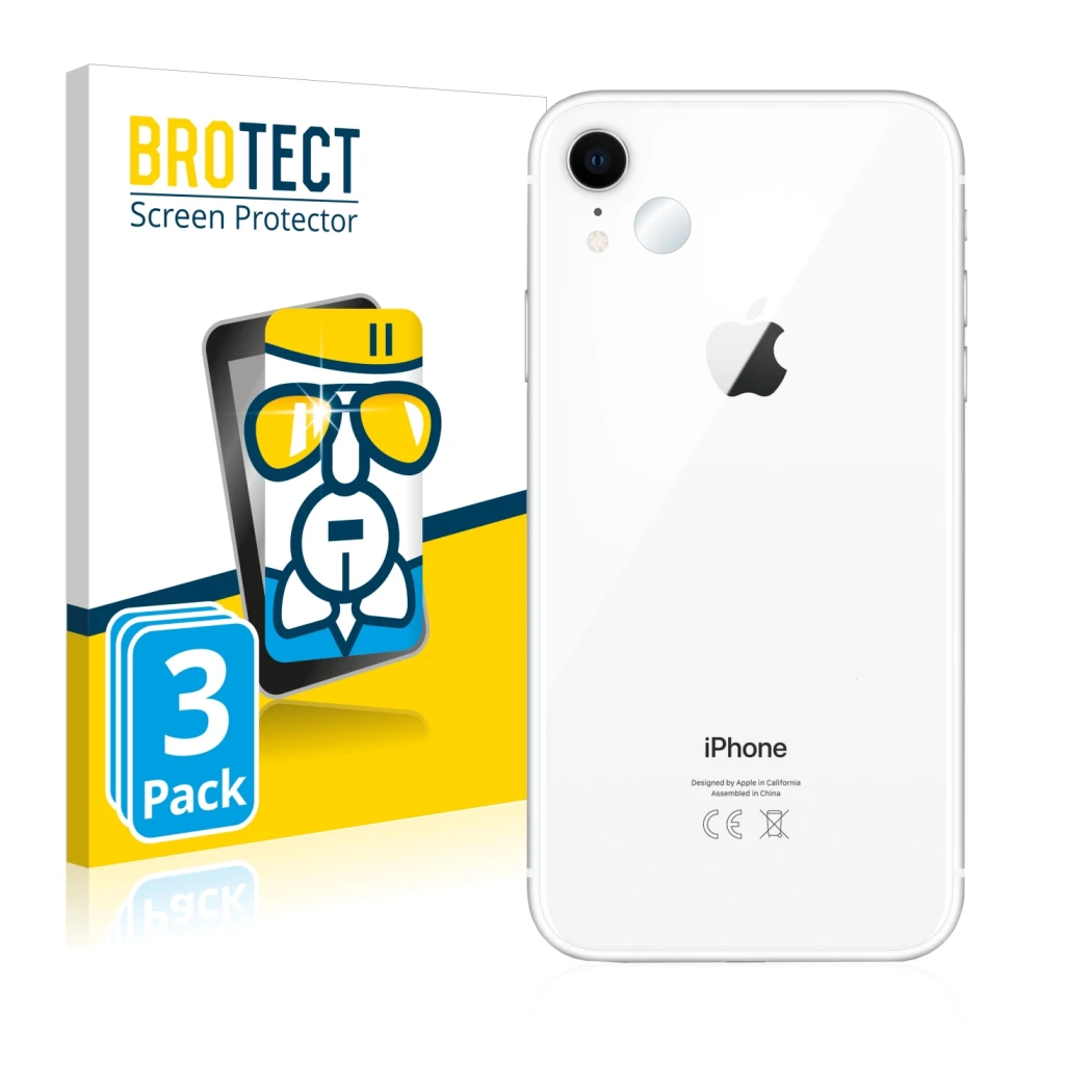 Front side of a product packaging with the brand logo BROTECT. Next to it is the device Apple iPhone XR (ONLY Camera Lens) sho