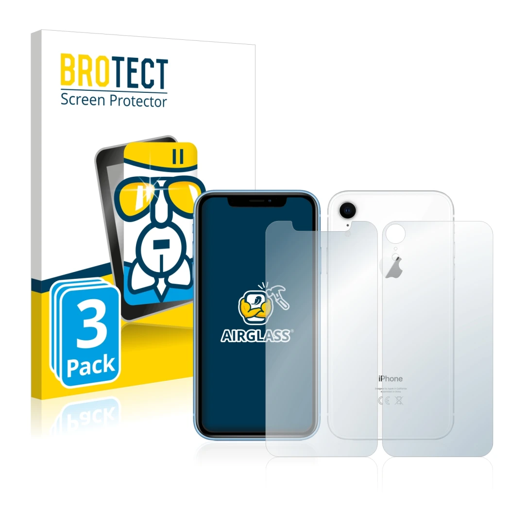 Front side of a product packaging with the brand logo BROTECT. Next to it is the device Apple iPhone XR (Front+Back) shown wit
