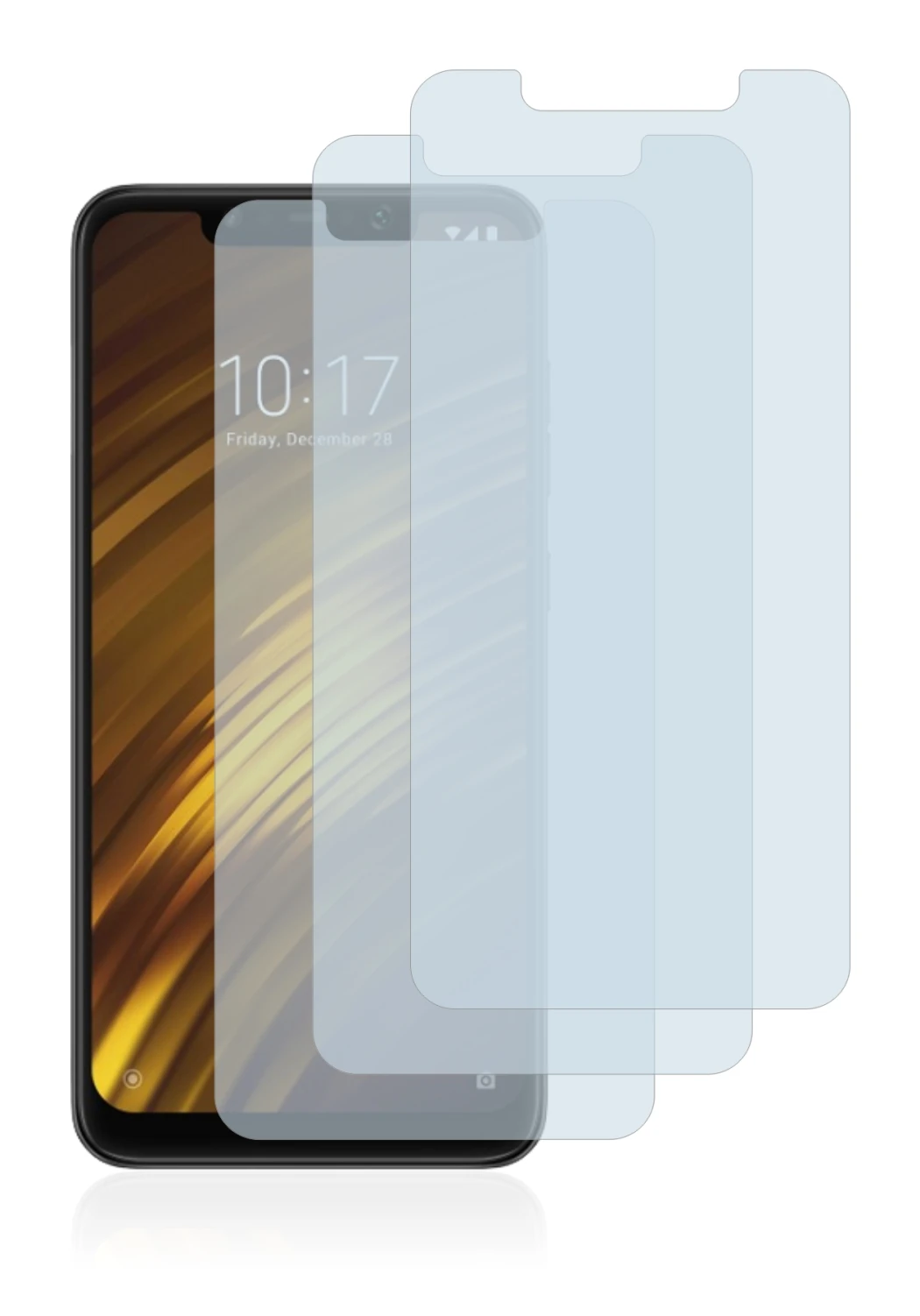 Image of the device Xiaomi Pocophone F1 with a wide variety of screen protectors.