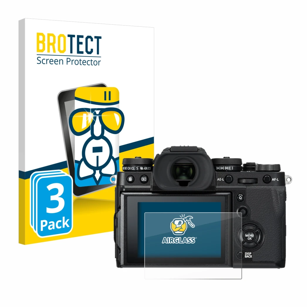 Front side of a product packaging with the brand logo BROTECT. Next to it is the device Fujifilm X-T3 shown with the correspon