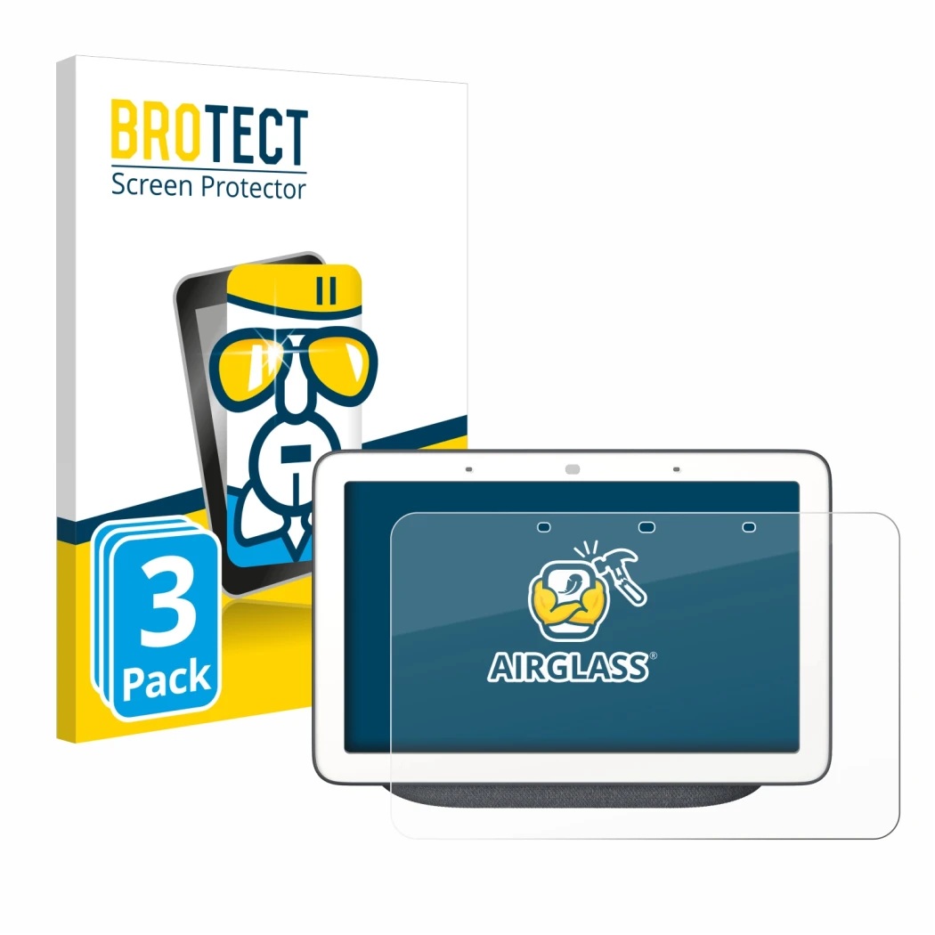 Front side of a product packaging with the brand logo BROTECT. Next to it is the device Google Home Hub shown with the corresp