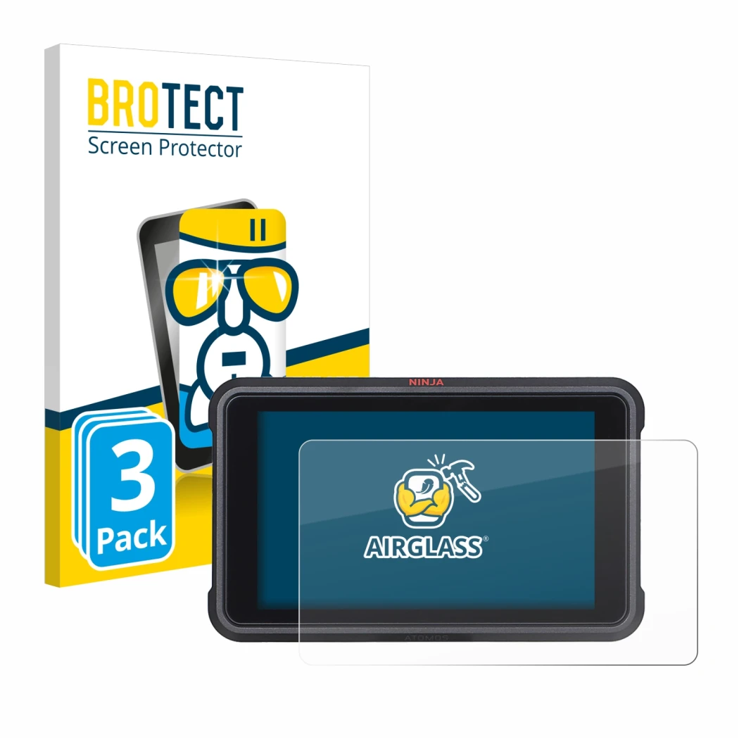 Front side of a product packaging with the brand logo BROTECT. Next to it is the device Atomos Ninja V shown with the correspo