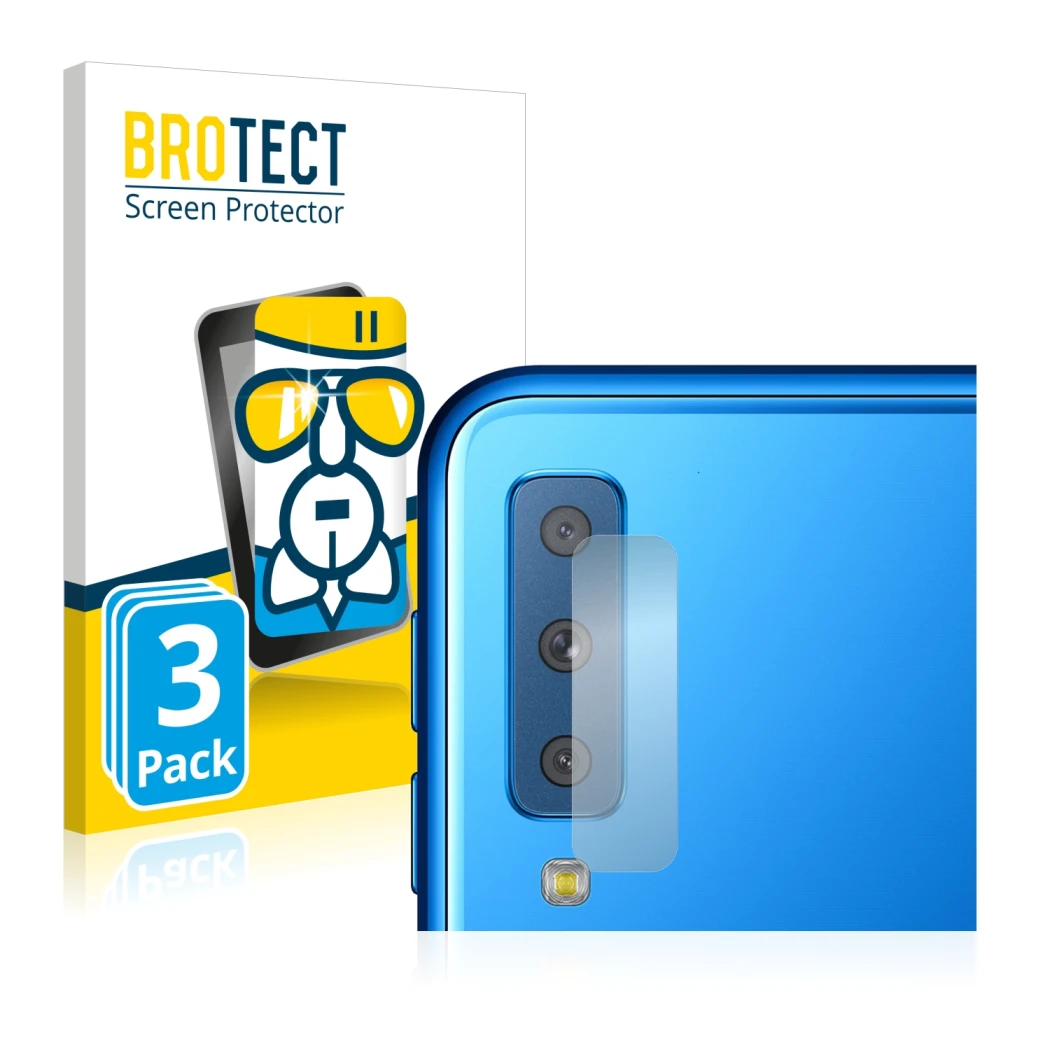 Front side of a product packaging with the brand logo BROTECT. Next to it is the device Samsung Galaxy A7 2018 (ONLY Camera Le