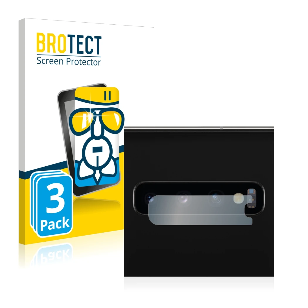 Front side of a product packaging with the brand logo BROTECT. Next to it is the device Samsung Galaxy S10 (ONLY Camera Lens) 