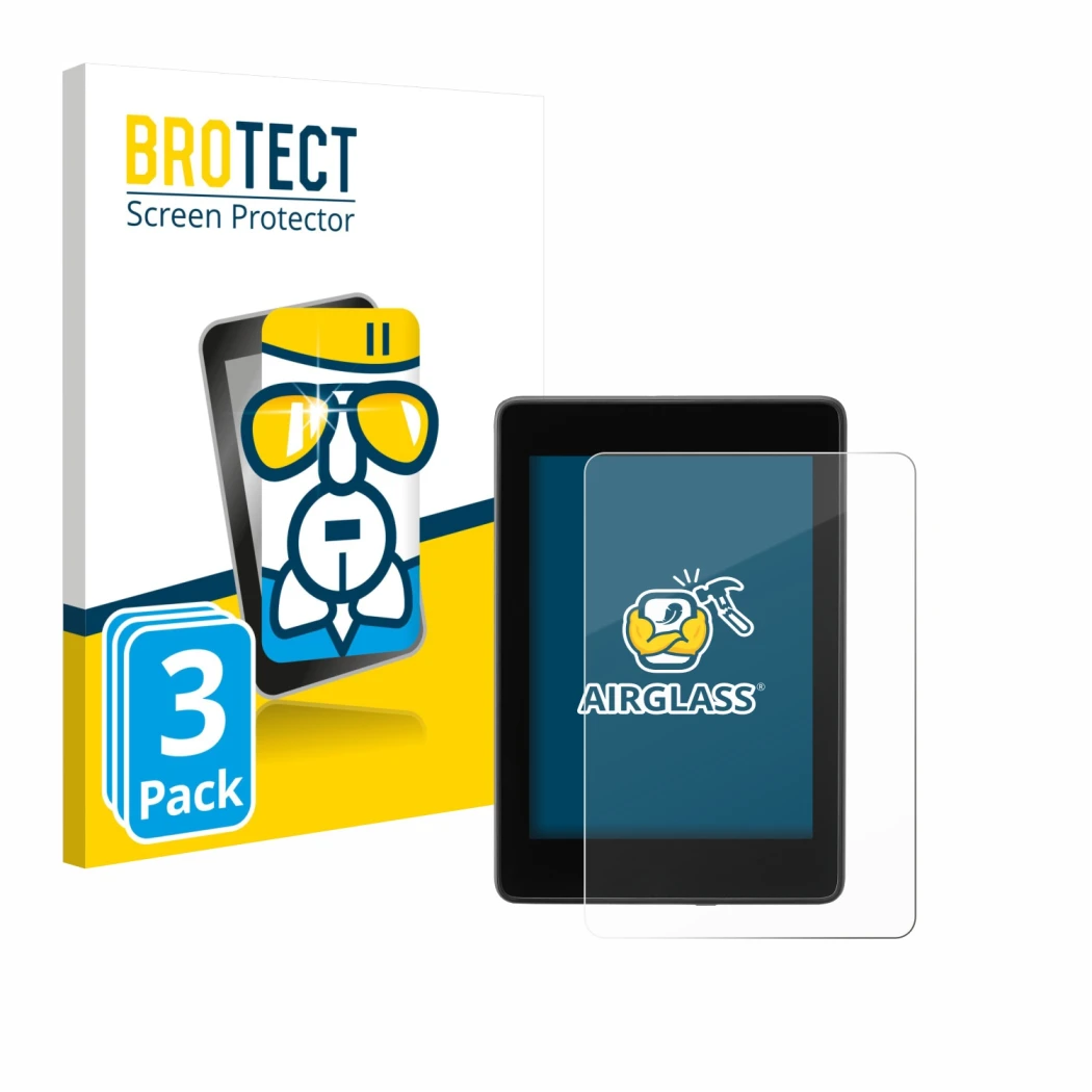 Front side of a product packaging with the brand logo BROTECT. Next to it is the device Amazon Kindle Paperwhite 2018 (10th Ge