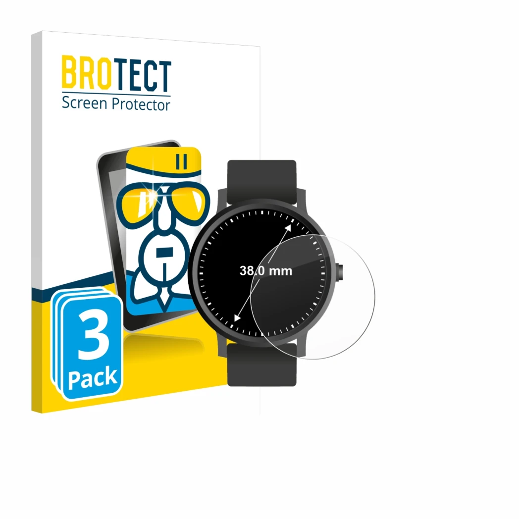 Front side of a product packaging with the brand logo BROTECT. Next to it is the device Circular Displays (ø: 38 mm) shown wit