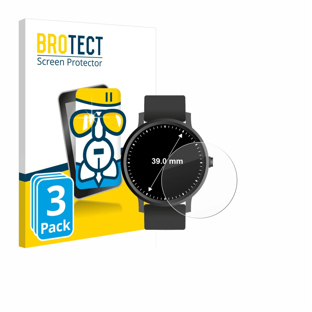 Front side of a product packaging with the brand logo BROTECT. Next to it is the device Circular Displays (ø: 39 mm) shown wit