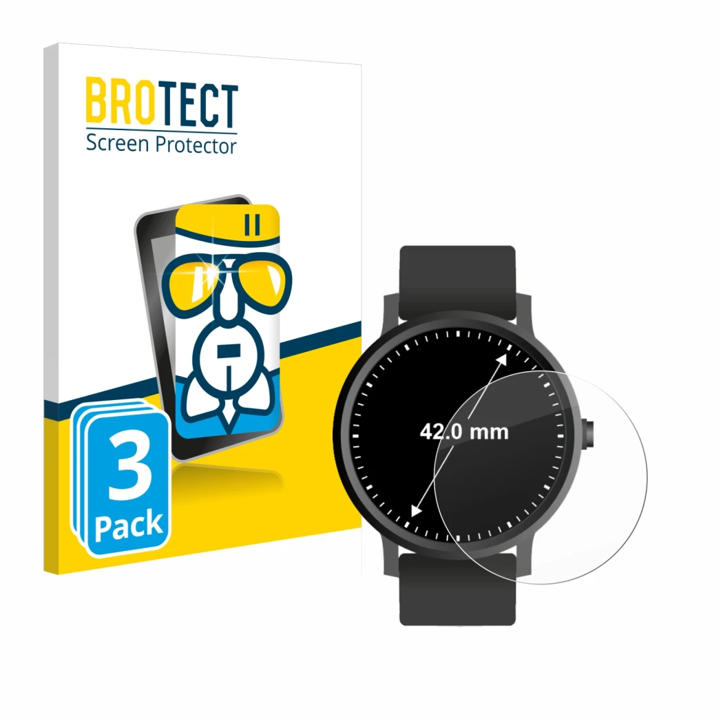 Front side of a product packaging with the brand logo BROTECT. Next to it is the device Circular Displays (ø: 42 mm) shown wit
