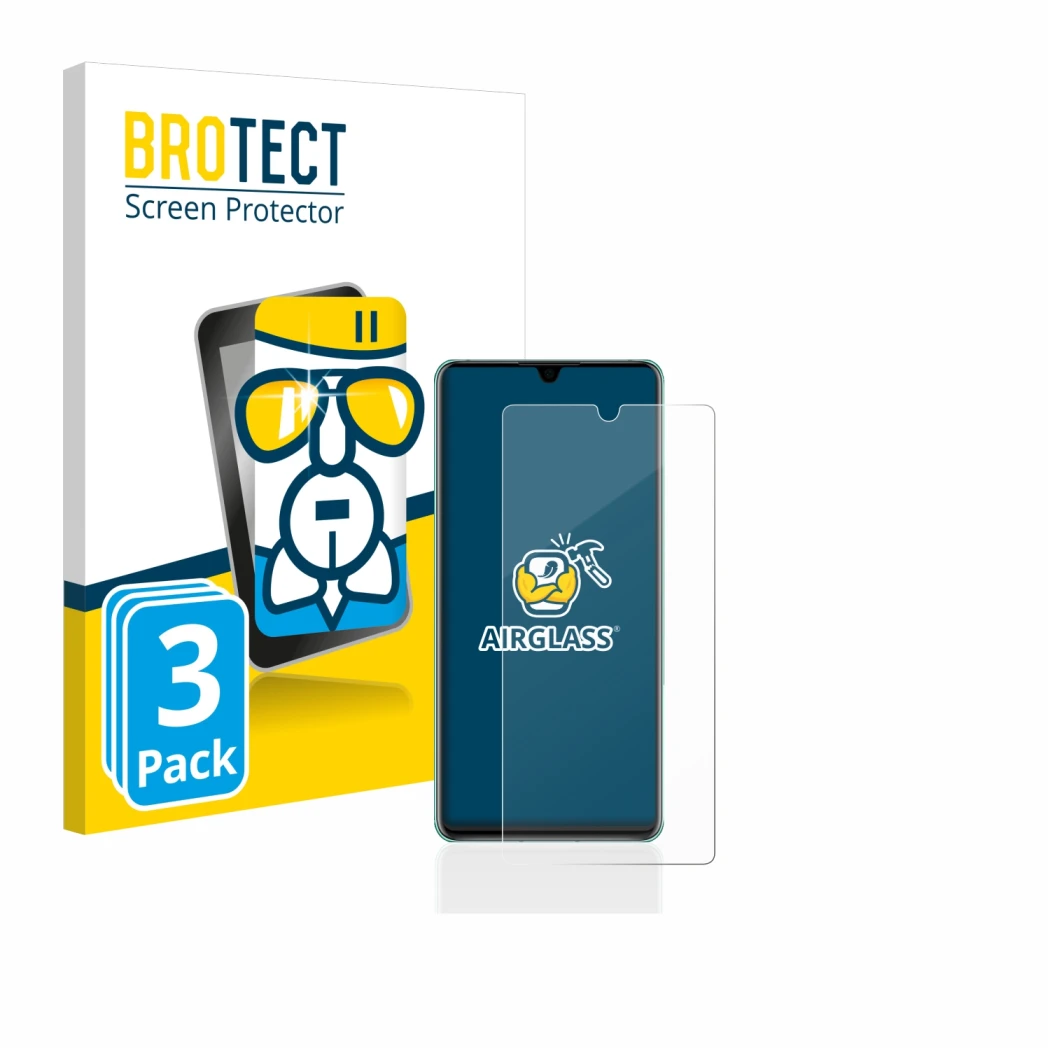 Front side of a product packaging with the brand logo BROTECT. Next to it is the device Huawei P30 shown with the correspondin