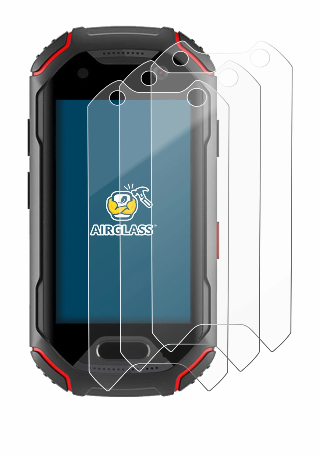 Image of the device Unihertz Atom with a wide variety of screen protectors.