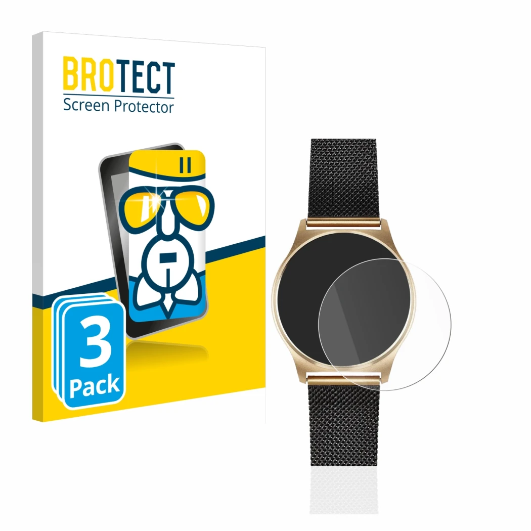 Front side of a product packaging with the brand logo BROTECT. Next to it is the device Xlyne X-Watch Joli XW Pro shown with t