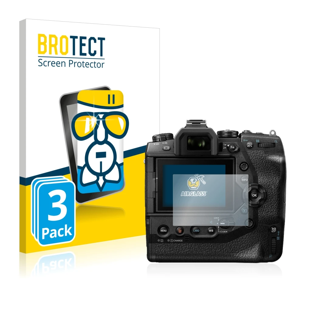 Front side of a product packaging with the brand logo BROTECT. Next to it is the device Olympus OM-D E-M1X shown with the corr