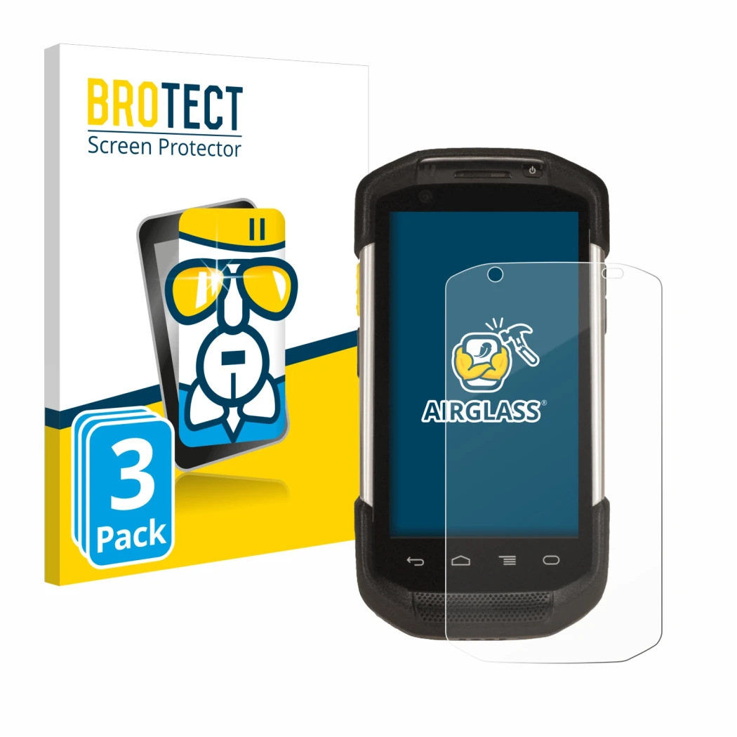 Front side of a product packaging with the brand logo BROTECT. Next to it is the device Zebra TC77 shown with the correspondin