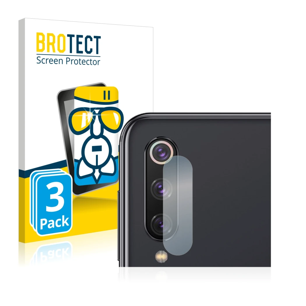 Front side of a product packaging with the brand logo BROTECT. Next to it is the device Xiaomi Mi 9 SE (ONLY Camera Lens) show