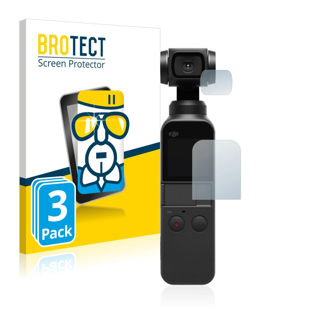 Front side of a product packaging with the brand logo BROTECT. Next to it is the device DJI Osmo Pocket (Display + Lens) shown