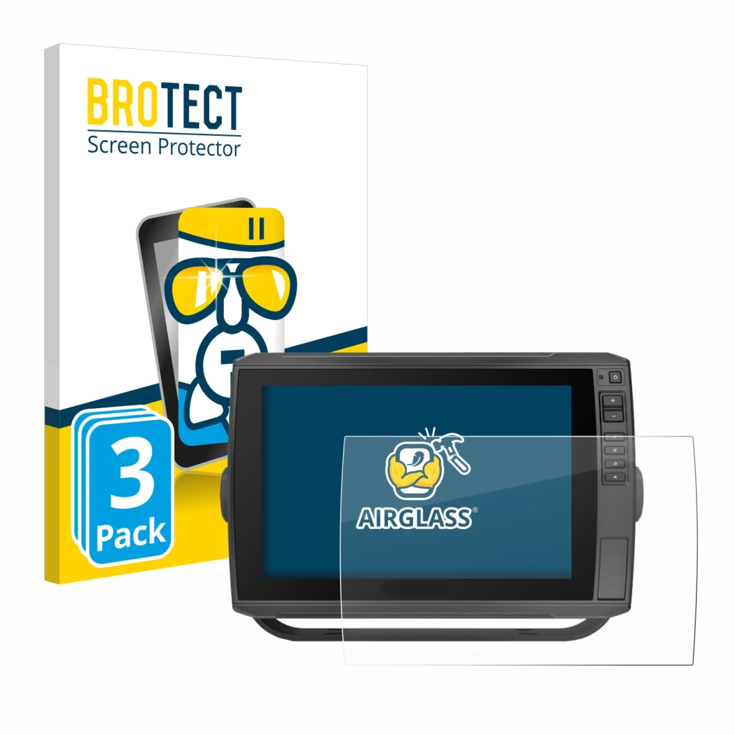 Front side of a product packaging with the brand logo BROTECT. Next to it is the device Garmin ECHOMAP Ultra 102sv shown with 