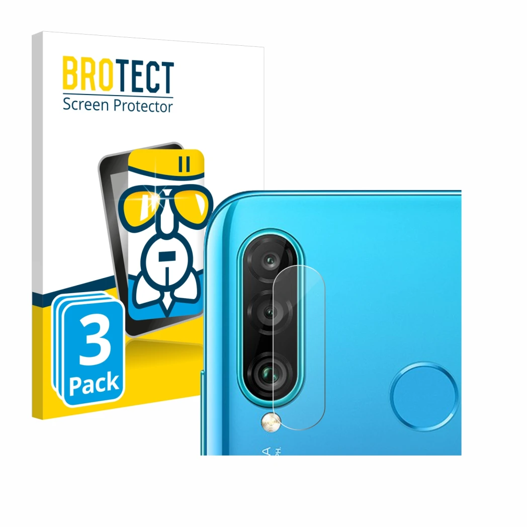 Front side of a product packaging with the brand logo BROTECT. Next to it is the device Huawei P30 lite (ONLY Camera Lens) sho