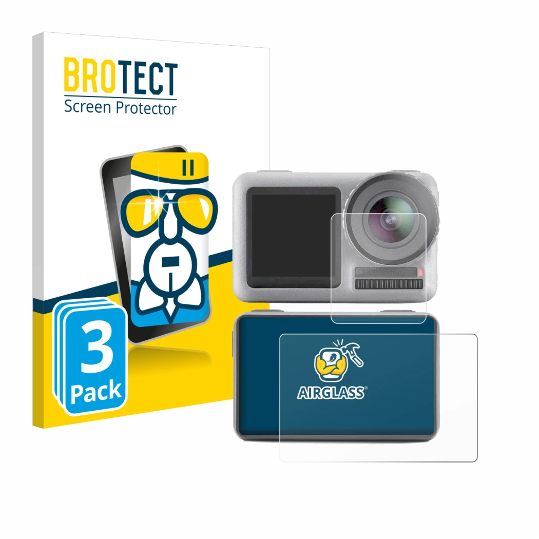 Front side of a product packaging with the brand logo BROTECT. Next to it is the device DJI Osmo Action shown with the corresp