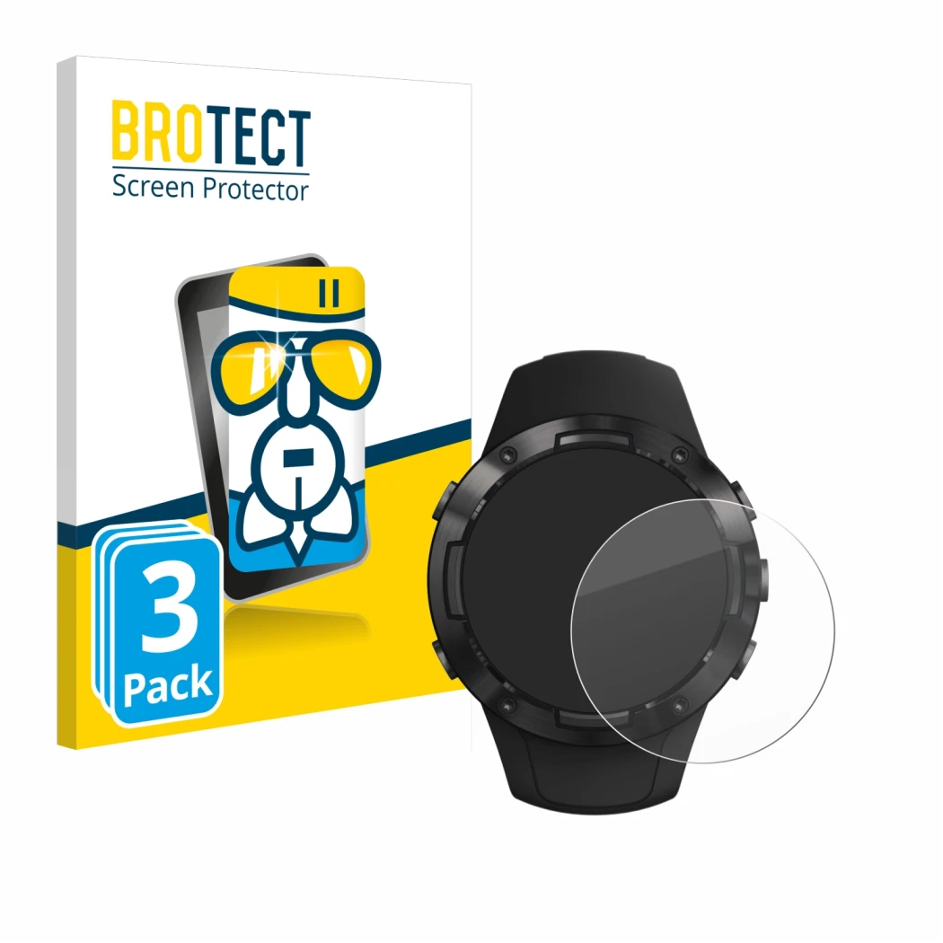 Front side of a product packaging with the brand logo BROTECT. Next to it is the device Suunto 5 shown with the corresponding 