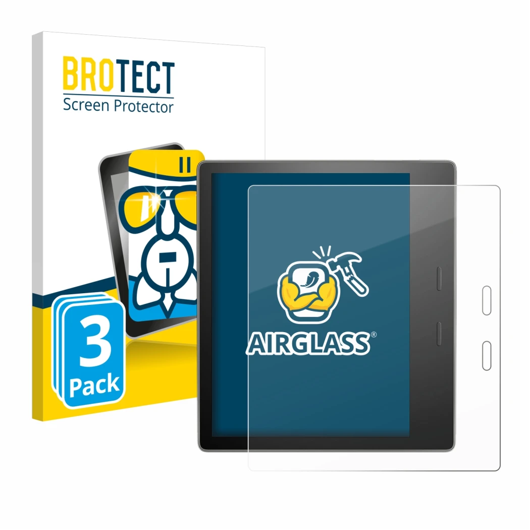 Front side of a product packaging with the brand logo BROTECT. Next to it is the device Amazon Kindle Oasis 2019 (10th Gen.) s