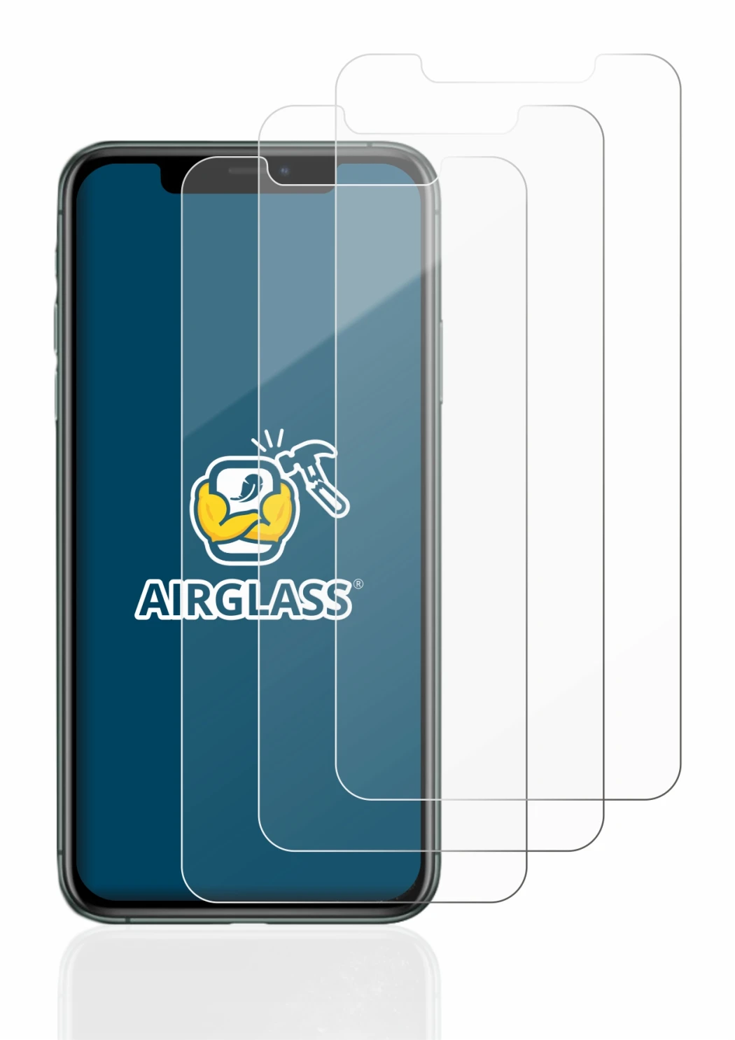 Image of the device Apple iPhone 11 Pro Max with a wide variety of screen protectors.
