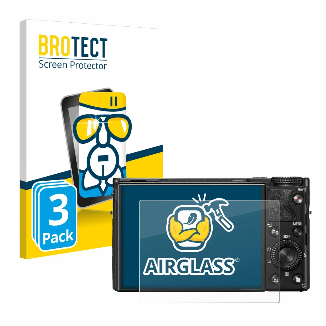 Front side of a product packaging with the brand logo BROTECT. Next to it is the device Sony Cyber-Shot DSC-RX100 VII shown wi