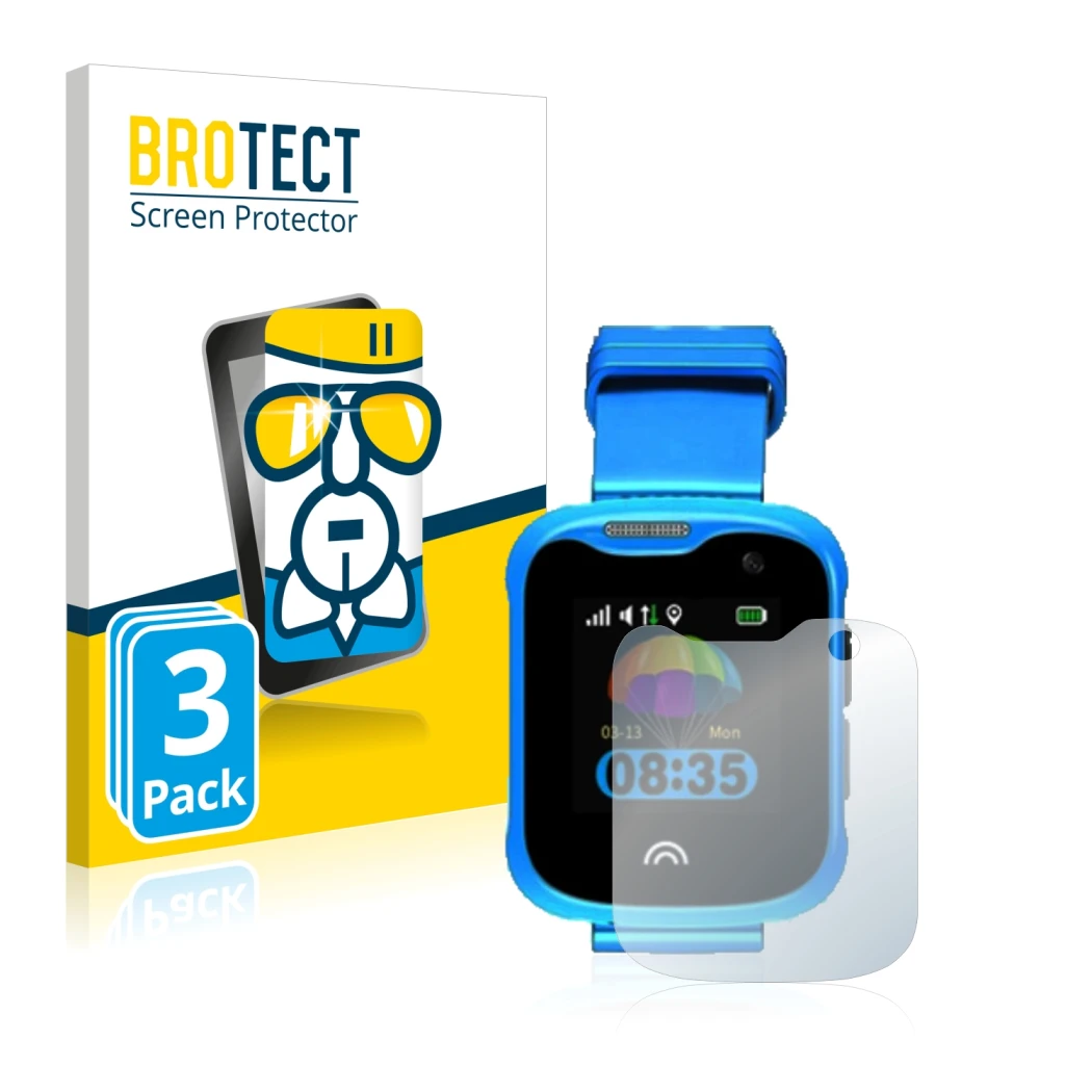 Front side of a product packaging with the brand logo BROTECT. Next to it is the device KiDSnav Ultra shown with the correspon