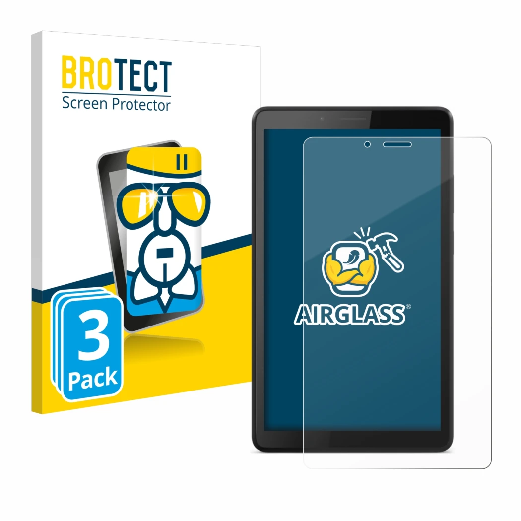 Front side of a product packaging with the brand logo BROTECT. Next to it is the device Lenovo Tab M7 shown with the correspon