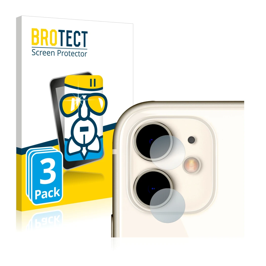 Front side of a product packaging with the brand logo BROTECT. Next to it is the device Apple iPhone 11 (ONLY Camera Lens) sho