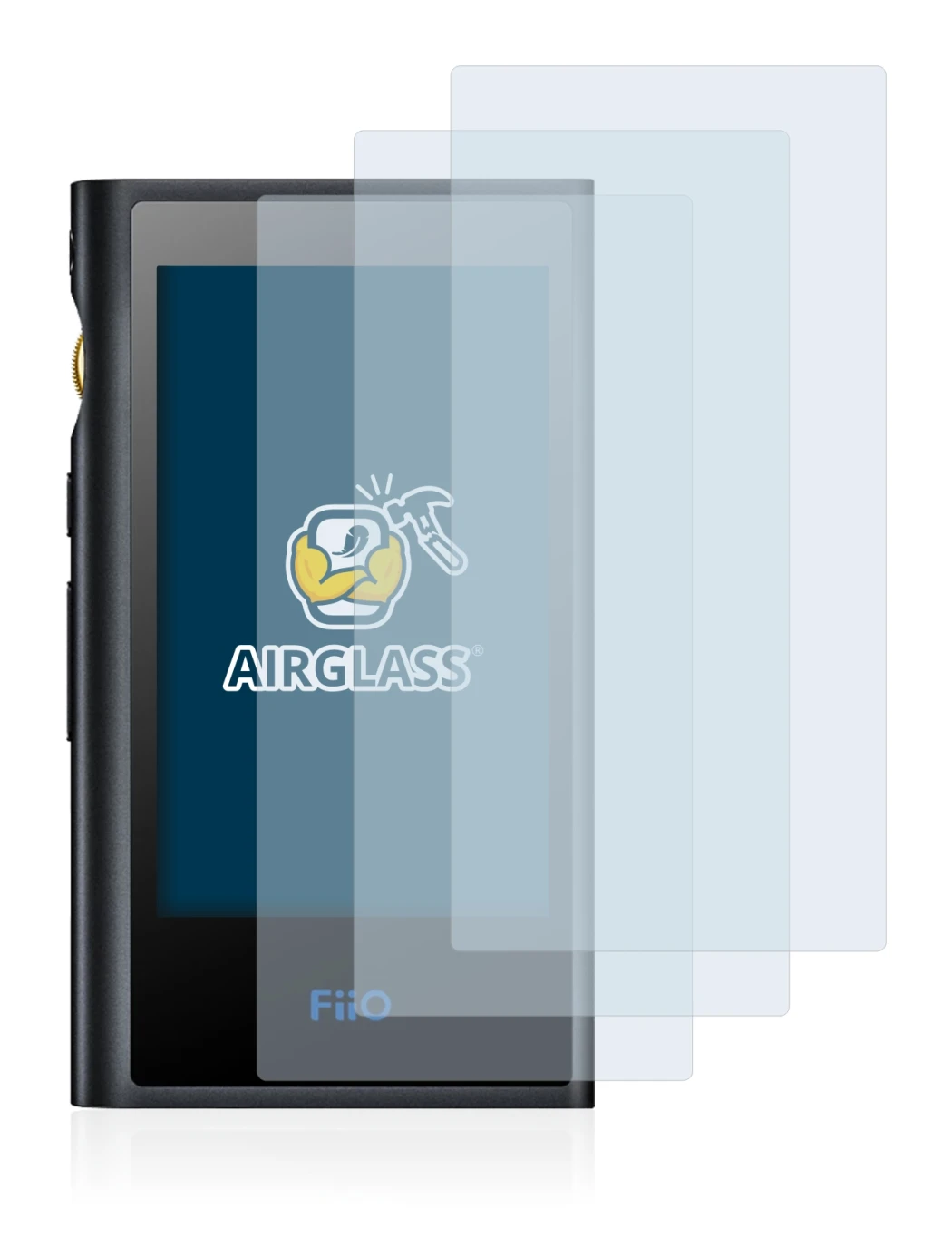 Image of the device FiiO M9 with a wide variety of screen protectors.