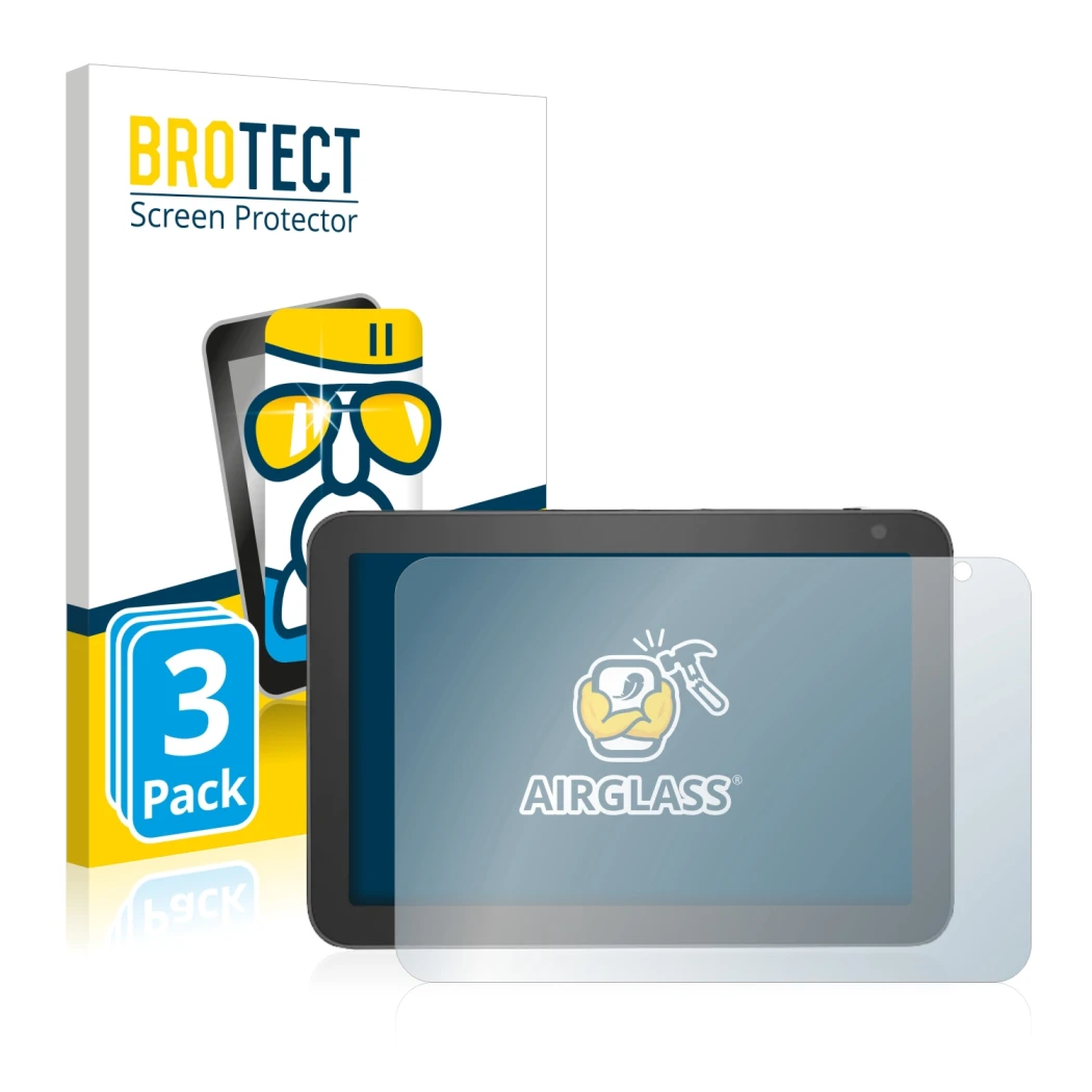 Front side of a product packaging with the brand logo BROTECT. Next to it is the device Amazon Echo Show 8 (1st Gen.) shown wi