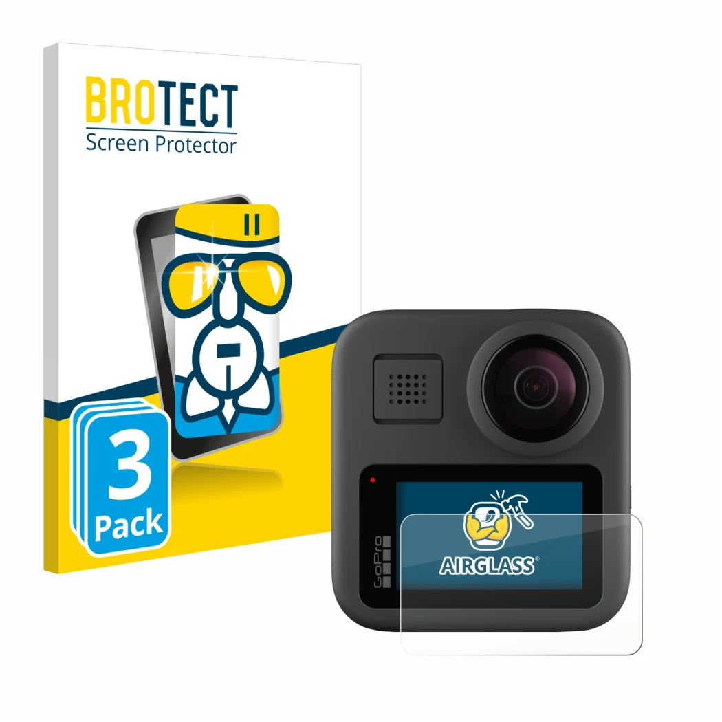 Front side of a product packaging with the brand logo BROTECT. Next to it is the device GoPro Max shown with the corresponding