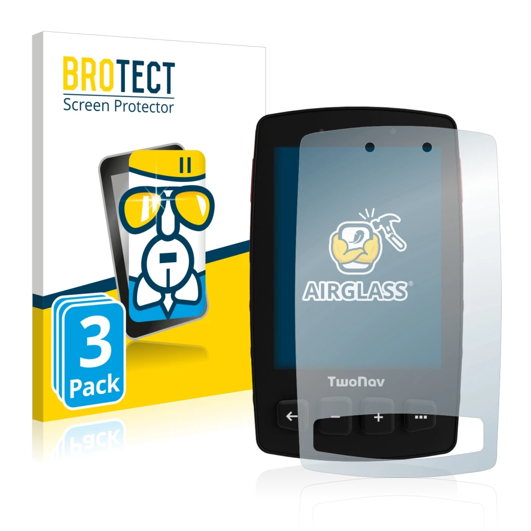 Front side of a product packaging with the brand logo BROTECT. Next to it is the device TwoNav Trail 2 shown with the correspo
